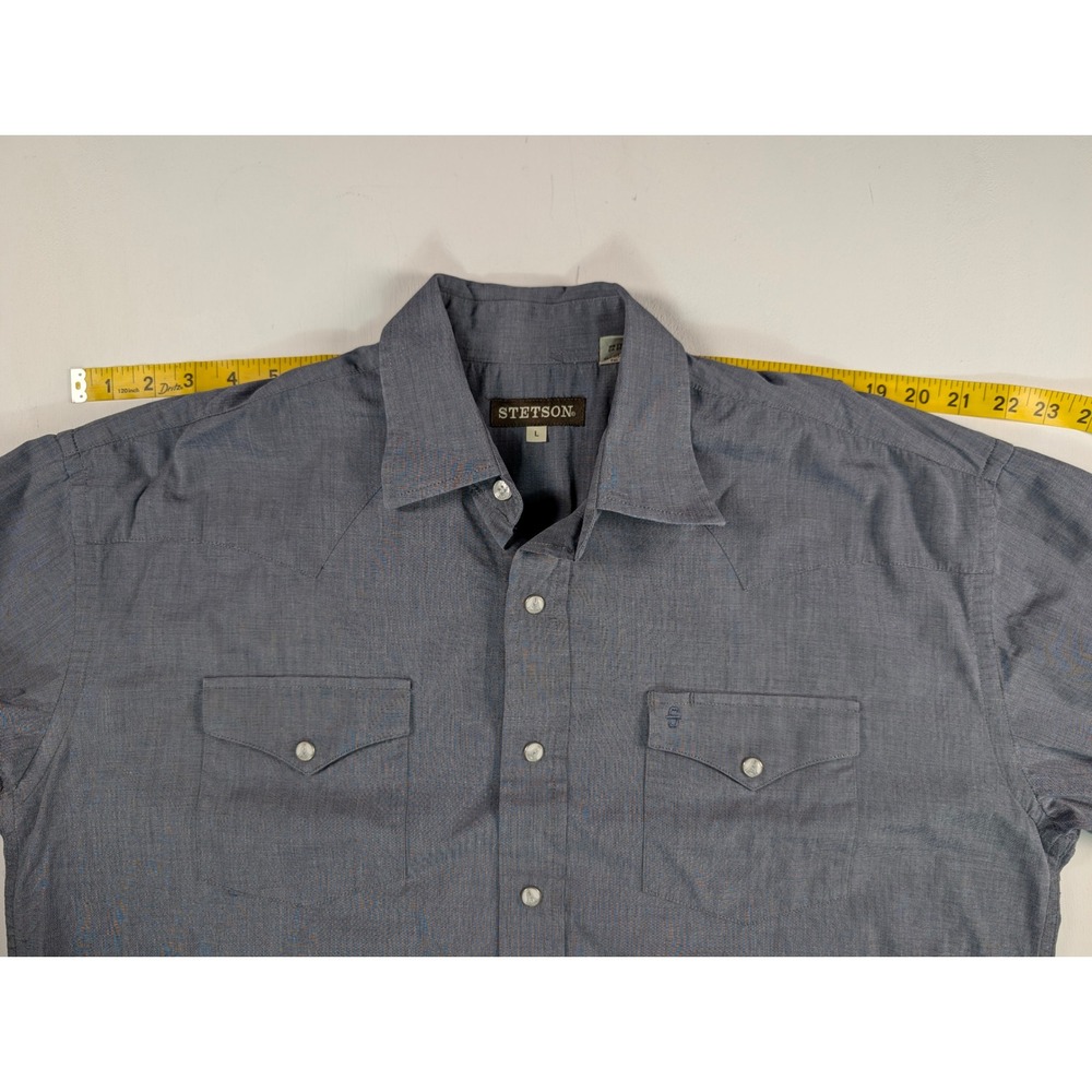 Stetson Mens Blue Micro Check Western Snap Button Long Sleeve Shirt L - Picture 7 of 14